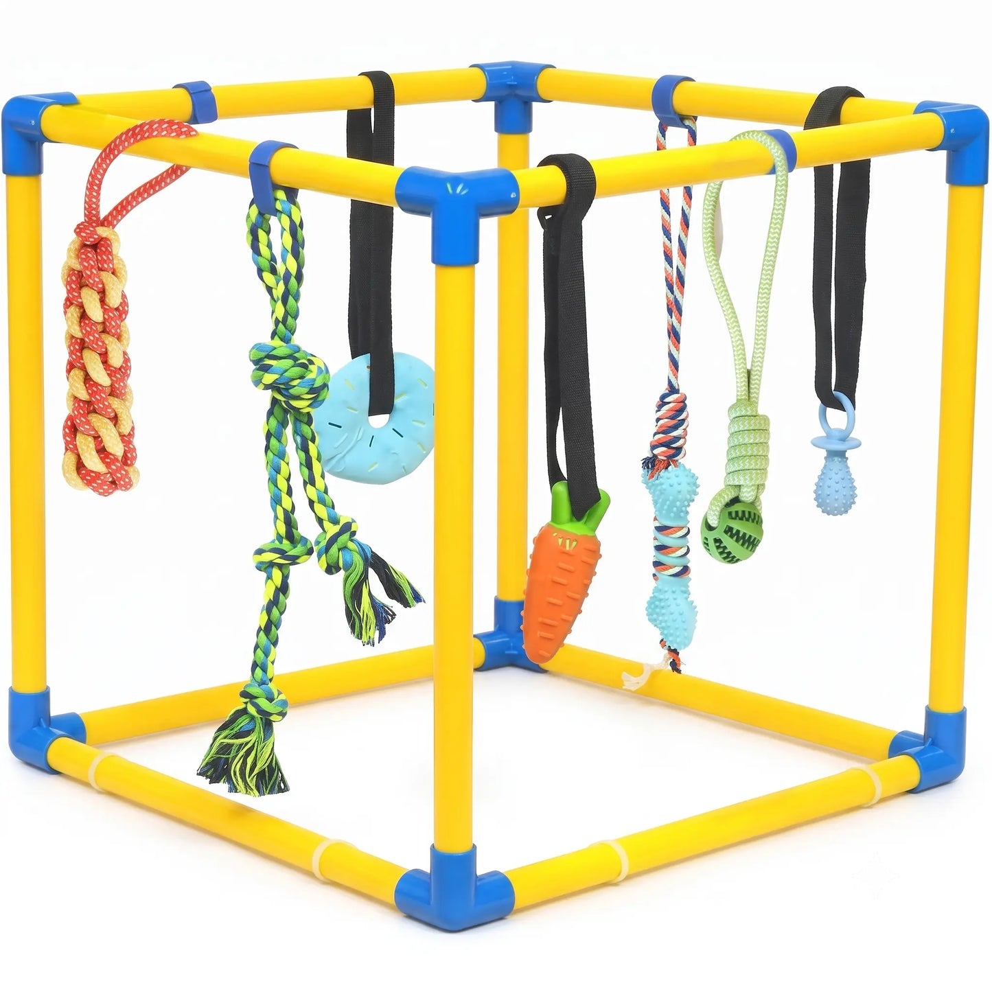 Puppy Play Gym for Toy Poodle - Indoor PVC Frame with 8 Random Detachable Hanging Items, Playful Boredom Relief Enrichment Center, Adjustable Height, Rope, Squeaky, Teething & Chew Options, Stimulates Small Dogs