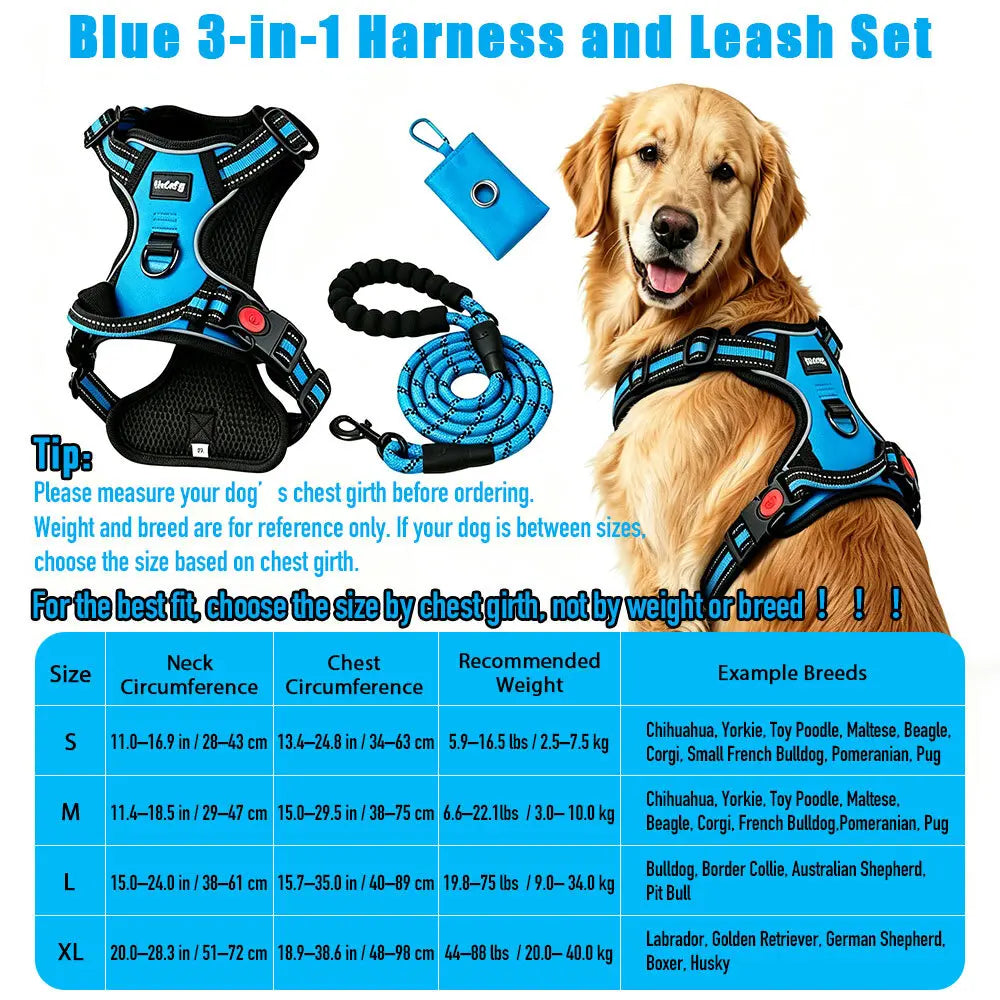 HELETY 3-Piece No-Pull Dog Harness Set - Outdoor Running Use, Adjustable Sizes, Reflective Vest, Leash, Waste Bag Holder, Back Clip Relaxed, Dual Clips, S–XL