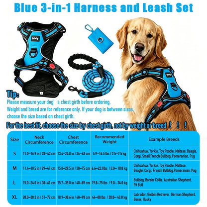 HELETY 3-Piece No-Pull Dog Harness Set - Outdoor Running Use, Adjustable Sizes, Reflective Vest, Leash, Waste Bag Holder, Back Clip Relaxed, Dual Clips, S–XL