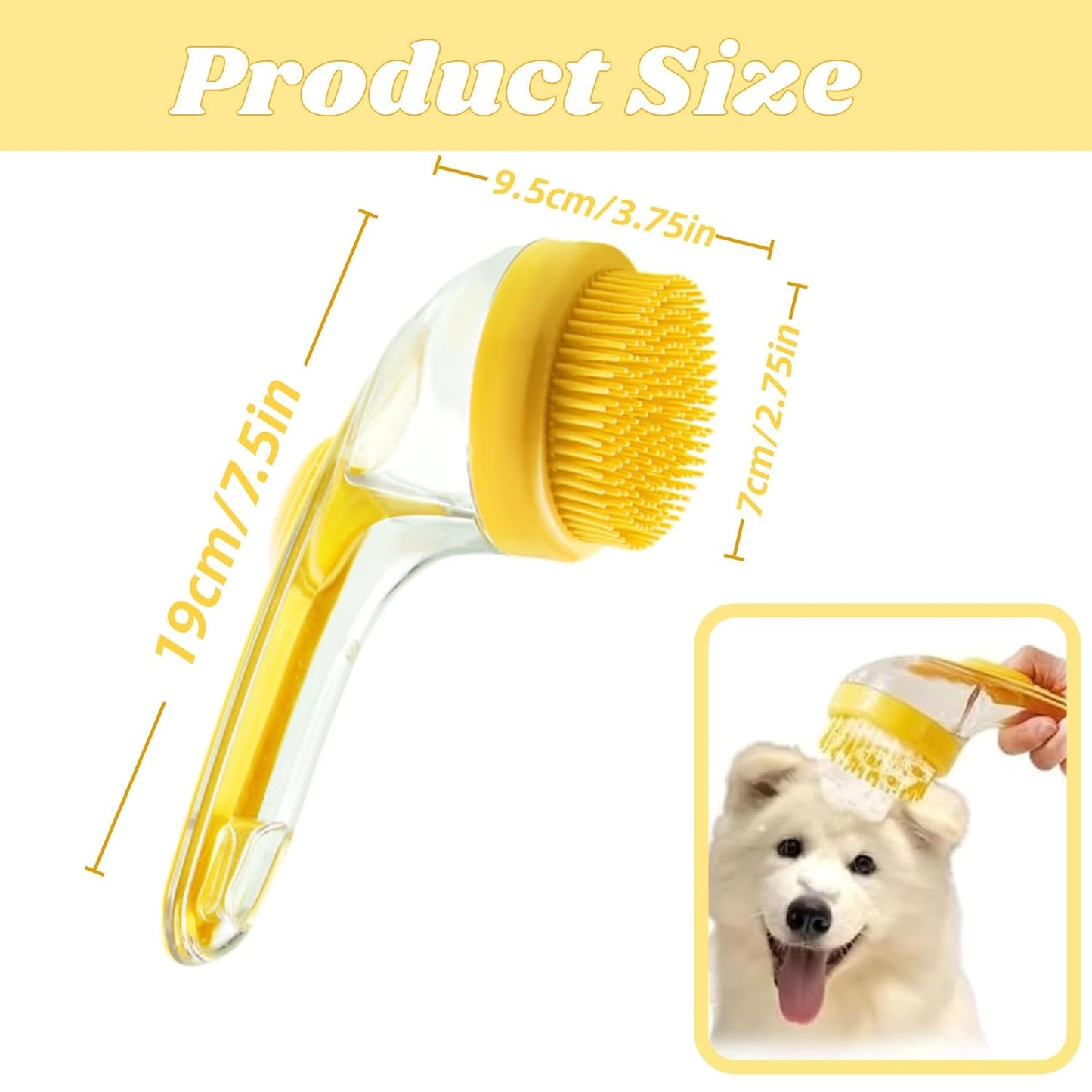Dog Bath Brush, 2 in 1 Pet Grooming Bath Massage Brush with Soap and Shampoo Dispenser Soft Silicone Bristle Dog Scrubber for Long Short Haired Dogs Cats Shower(Yellow)