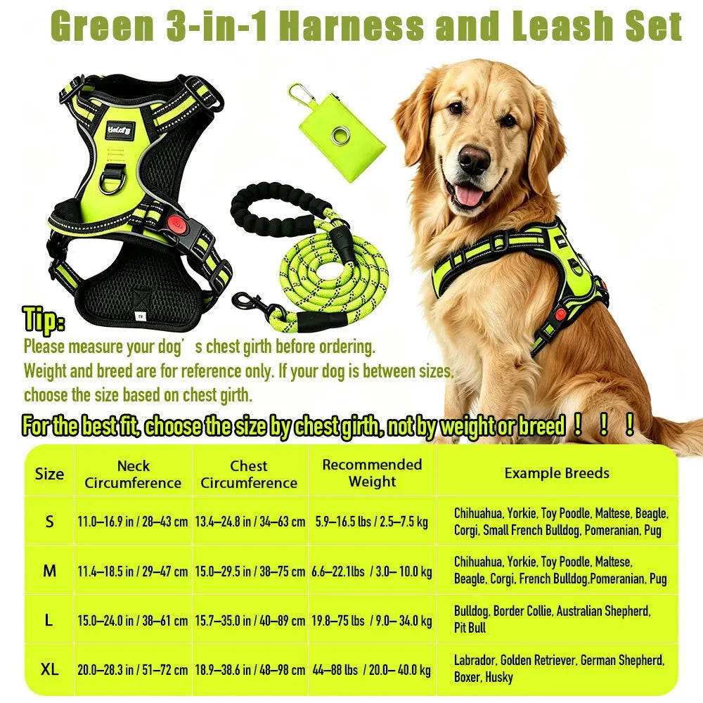 HELETY 3-Piece No-Pull Dog Harness Set - Outdoor Running Use, Adjustable Sizes, Reflective Vest, Leash, Waste Bag Holder, Back Clip Relaxed, Dual Clips, S–XL