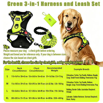 HELETY 3-Piece No-Pull Dog Harness Set - Outdoor Running Use, Adjustable Sizes, Reflective Vest, Leash, Waste Bag Holder, Back Clip Relaxed, Dual Clips, S–XL