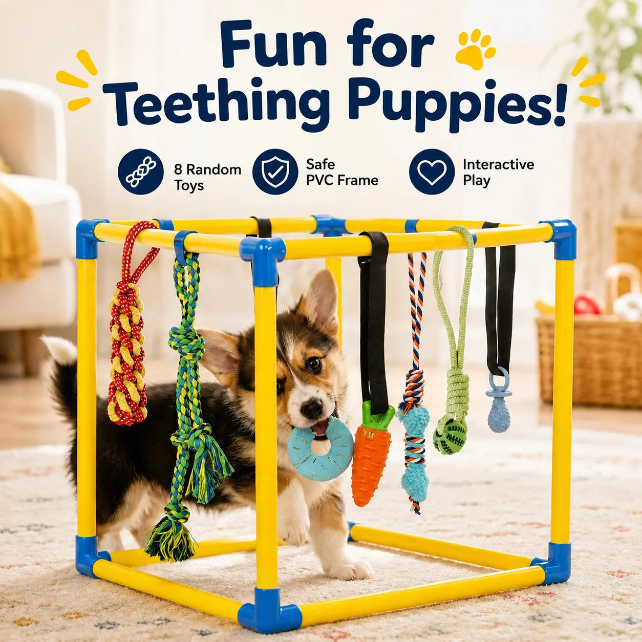 Puppy Play Gym for Toy Poodle - Indoor PVC Frame with 8 Random Detachable Hanging Items, Playful Boredom Relief Enrichment Center, Adjustable Height, Rope, Squeaky, Teething & Chew Options, Stimulates Small Dogs