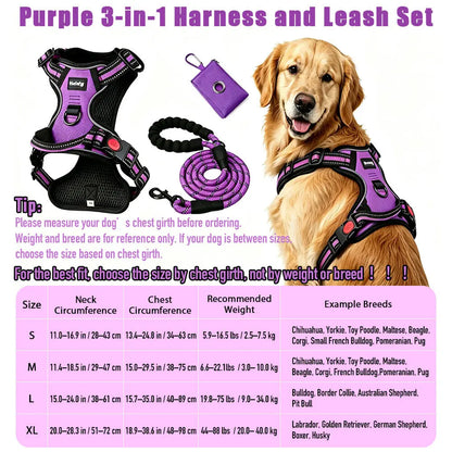 HELETY 3-Piece No-Pull Dog Harness Set - Outdoor Running Use, Adjustable Sizes, Reflective Vest, Leash, Waste Bag Holder, Back Clip Relaxed, Dual Clips, S–XL