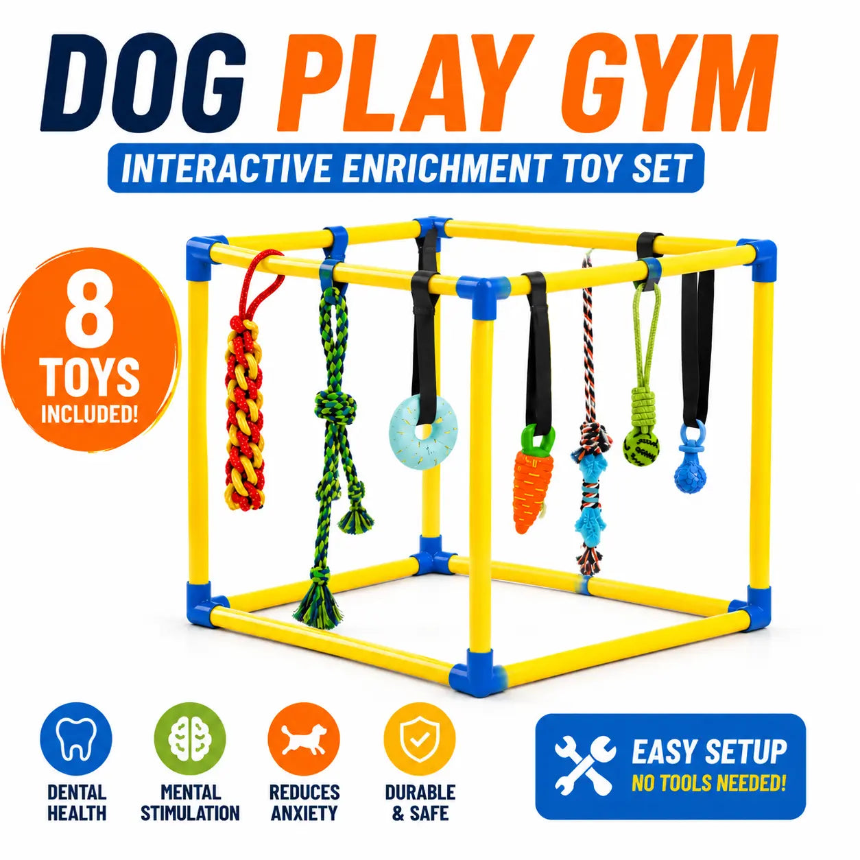 Puppy Play Gym for Toy Poodle - Indoor PVC Frame with 8 Random Detachable Hanging Items, Playful Boredom Relief Enrichment Center, Adjustable Height, Rope, Squeaky, Teething & Chew Options, Stimulates Small Dogs