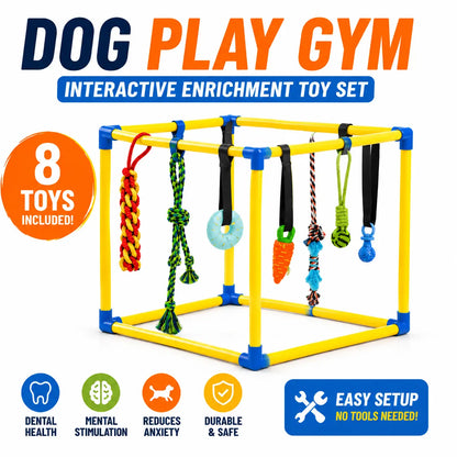 Puppy Play Gym for Toy Poodle - Indoor PVC Frame with 8 Random Detachable Hanging Items, Playful Boredom Relief Enrichment Center, Adjustable Height, Rope, Squeaky, Teething & Chew Options, Stimulates Small Dogs