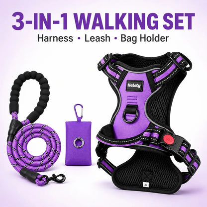 HELETY 3-Piece No-Pull Dog Harness Set - Outdoor Running Use, Adjustable Sizes, Reflective Vest, Leash, Waste Bag Holder, Back Clip Relaxed, Dual Clips, S–XL