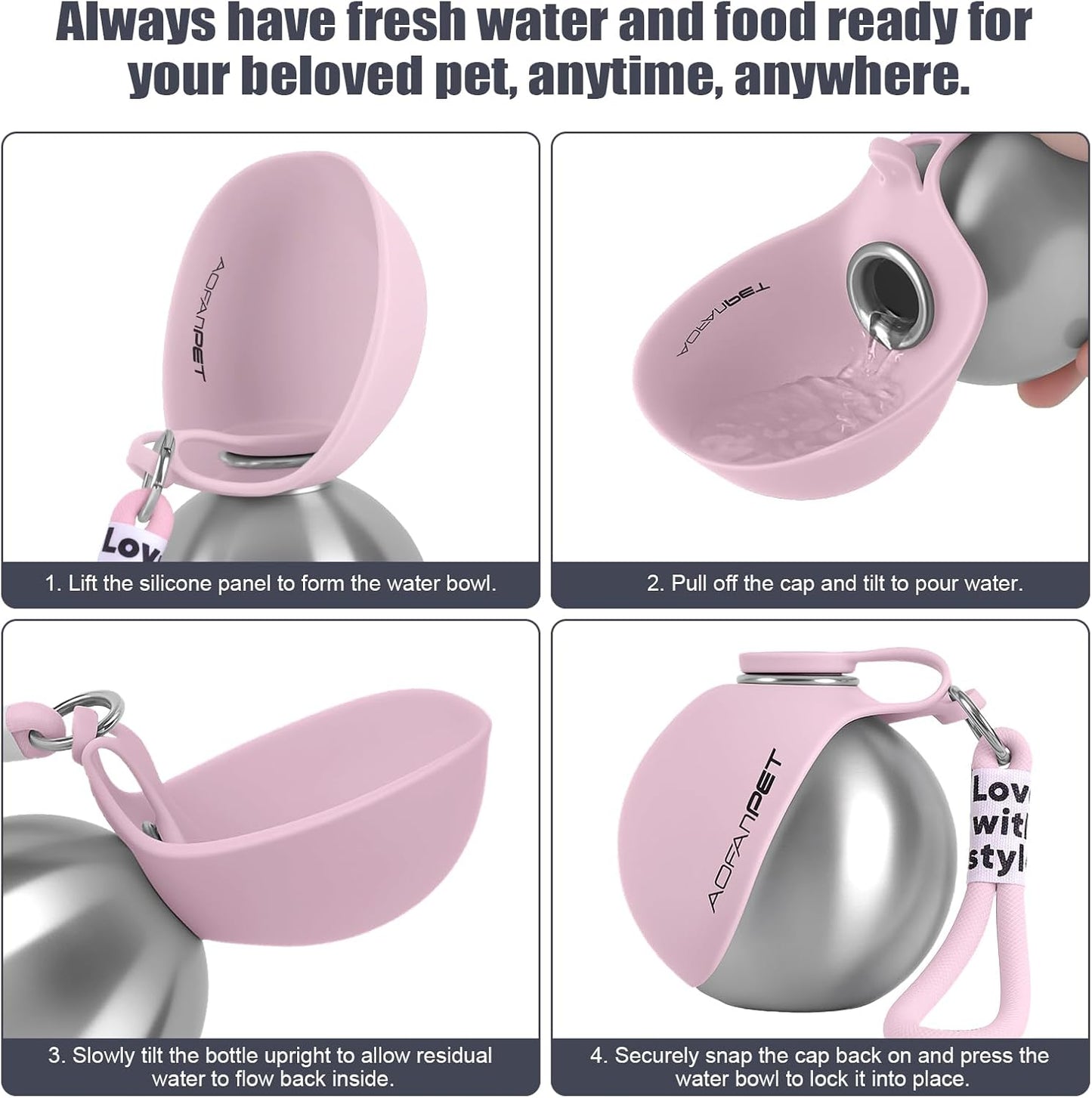 Portable Dog Water Bottle 10Oz Stainless Steel Travel Bowl