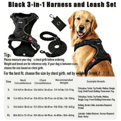 HELETY 3-Piece No-Pull Dog Harness Set - Outdoor Running Use, Adjustable Sizes, Reflective Vest, Leash, Waste Bag Holder, Back Clip Relaxed, Dual Clips, S–XL