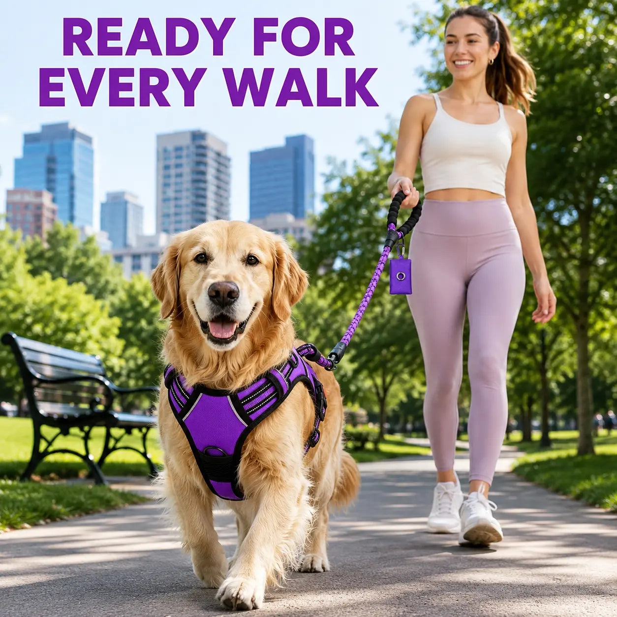HELETY 3-Piece No-Pull Dog Harness Set - Outdoor Running Use, Adjustable Sizes, Reflective Vest, Leash, Waste Bag Holder, Back Clip Relaxed, Dual Clips, S–XL