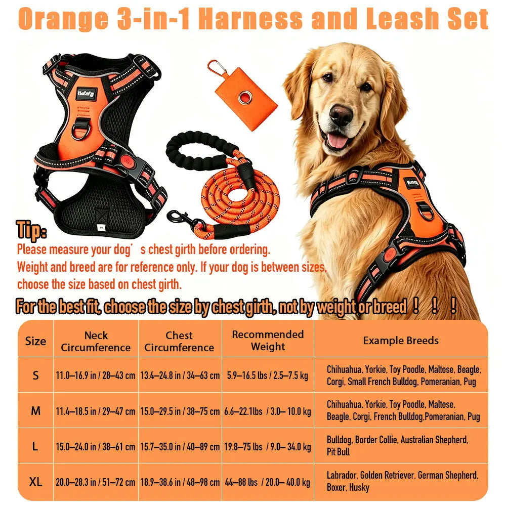 HELETY 3-Piece No-Pull Dog Harness Set - Outdoor Running Use, Adjustable Sizes, Reflective Vest, Leash, Waste Bag Holder, Back Clip Relaxed, Dual Clips, S–XL