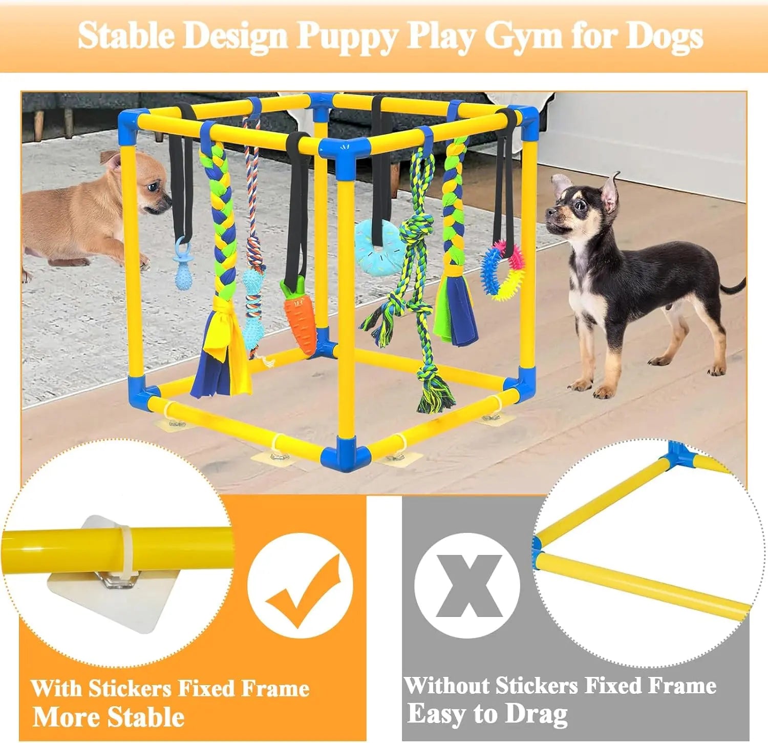 Puppy Play Gym for Toy Poodle - Indoor PVC Frame with 8 Random Detachable Hanging Items, Playful Boredom Relief Enrichment Center, Adjustable Height, Rope, Squeaky, Teething & Chew Options, Stimulates Small Dogs