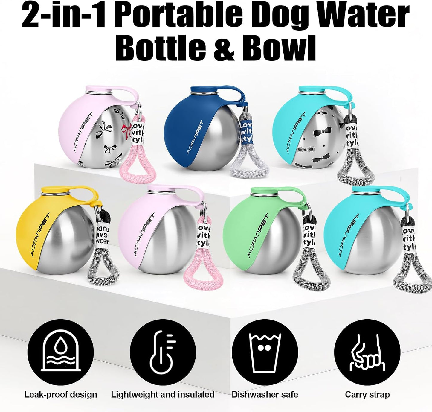Portable Dog Water Bottle 10Oz Stainless Steel Travel Bowl