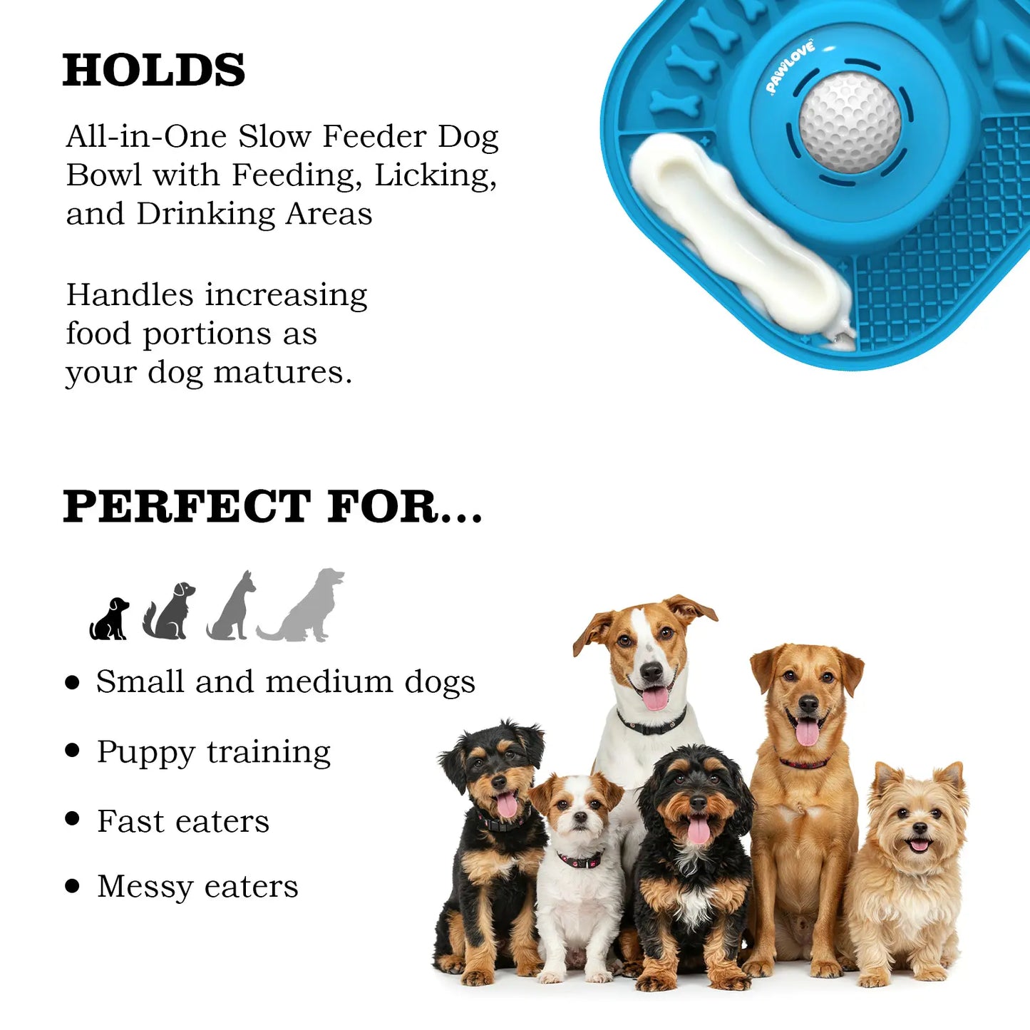 Pawlove Dog Food Slow Feeder Bowl - Ball-In Design Neater Feeder, 3/4 Cup Food-Grade Licking Bowl, Anti-Slip Rubber, Ball Movement Curbs Splash Mess, Bone Broth Ready, Dishwasher Safe, Puppy Anxiety Relief | Pet Feeding Supplies