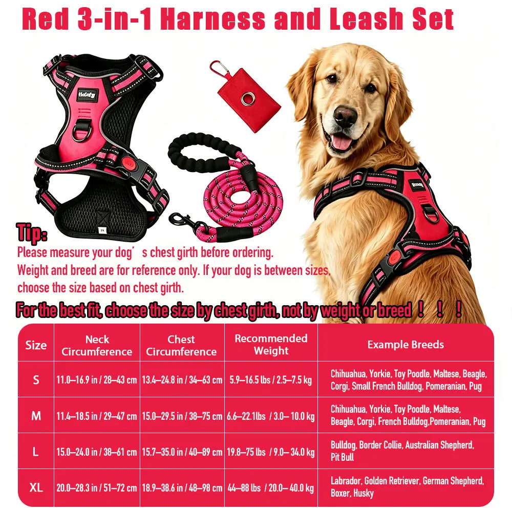 HELETY 3-Piece No-Pull Dog Harness Set - Outdoor Running Use, Adjustable Sizes, Reflective Vest, Leash, Waste Bag Holder, Back Clip Relaxed, Dual Clips, S–XL