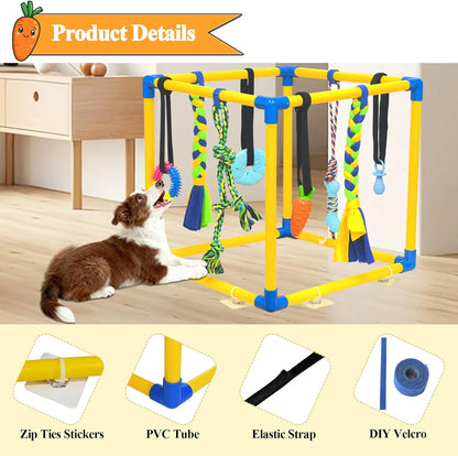 Puppy Play Gym for Toy Poodle - Indoor PVC Frame with 8 Random Detachable Hanging Items, Playful Boredom Relief Enrichment Center, Adjustable Height, Rope, Squeaky, Teething & Chew Options, Stimulates Small Dogs