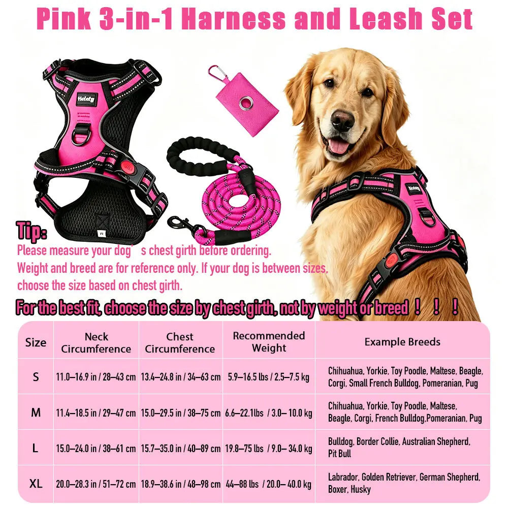 HELETY 3-Piece No-Pull Dog Harness Set - Outdoor Running Use, Adjustable Sizes, Reflective Vest, Leash, Waste Bag Holder, Back Clip Relaxed, Dual Clips, S–XL